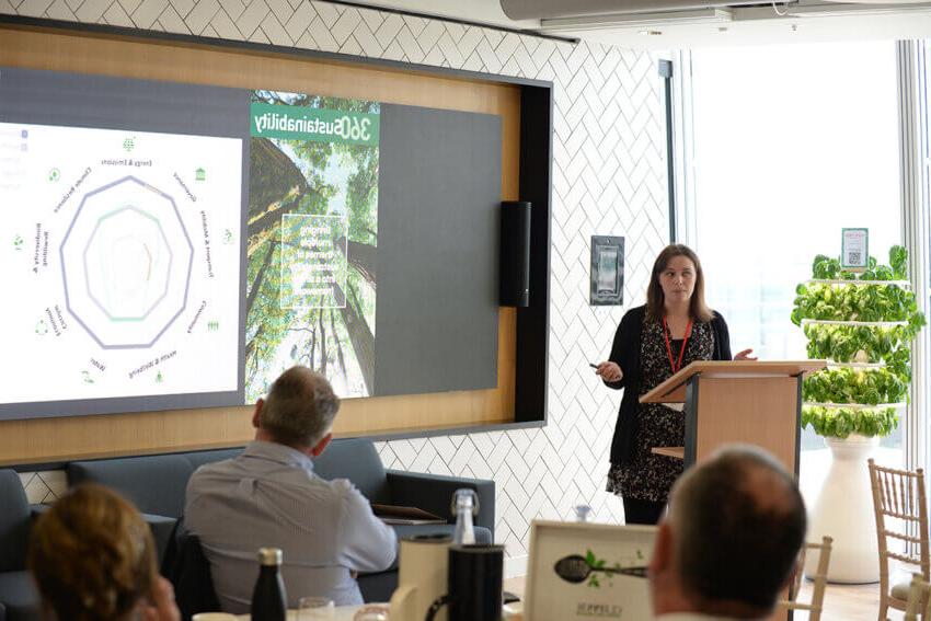 Emma Johnson from Lloyds Banking Group presenting at Mitie's Estate Optimisation event - standing by a window in The Shard, London, and a presentation screen